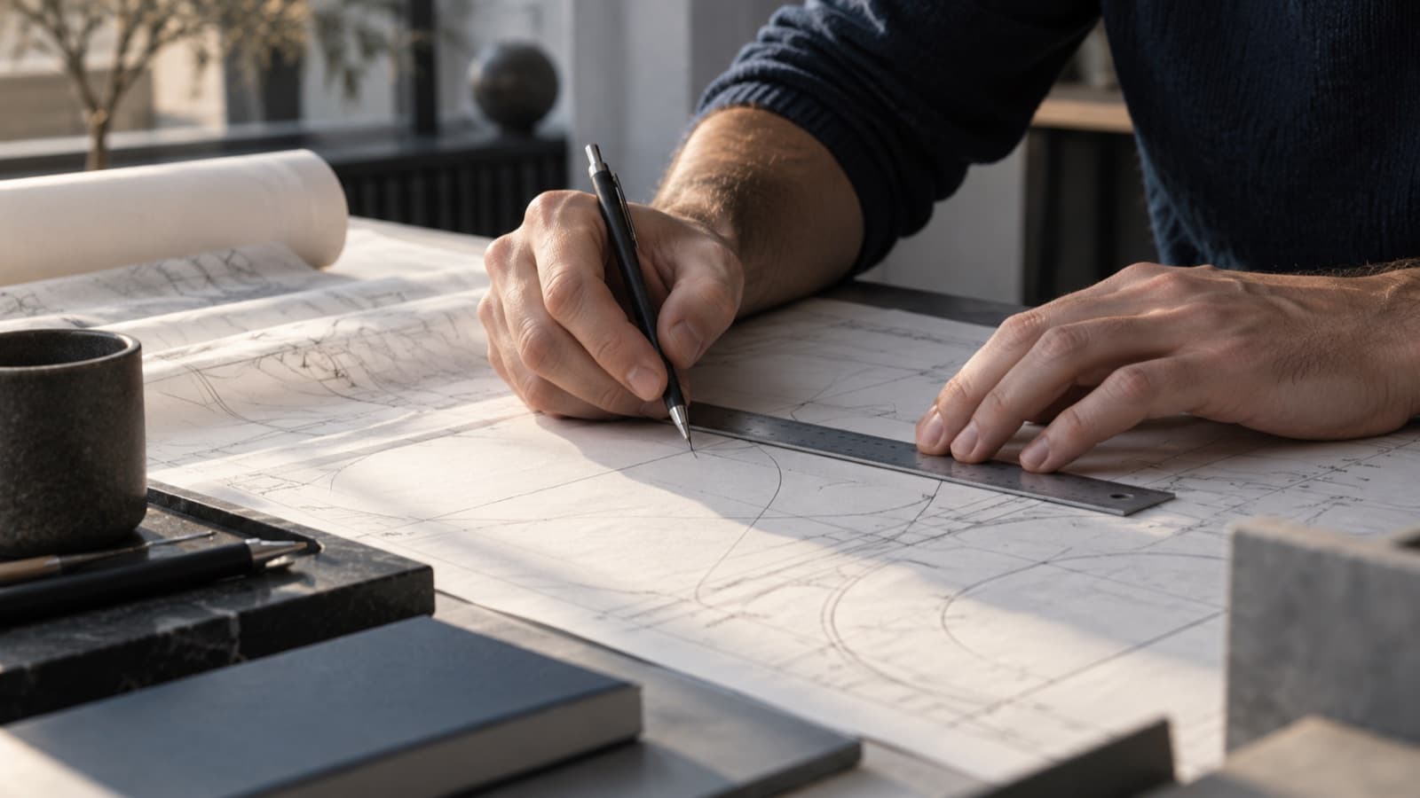 Hands working through a technical drawing at a desk