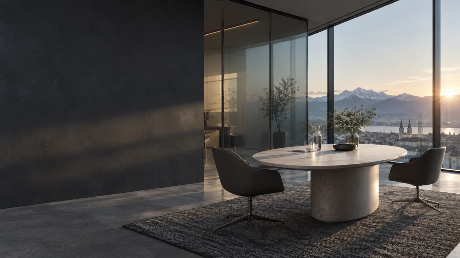 An architectural meeting room with soft daylight